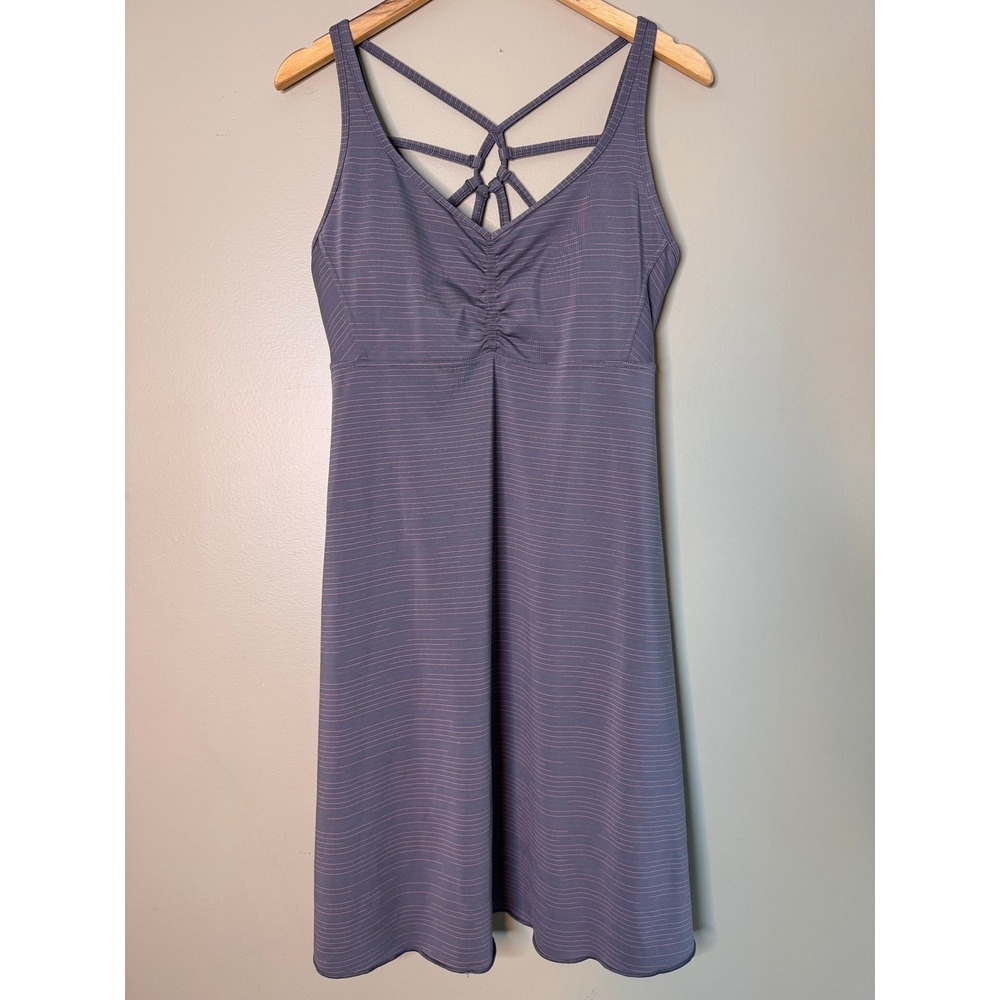 Prana Purple Striped Strappy Back Athletic Dress with Shelf Bra Womens Large